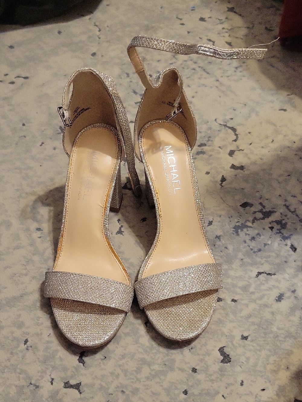 Michael Shannon Glitter Ankle-Strap Heels in Gold